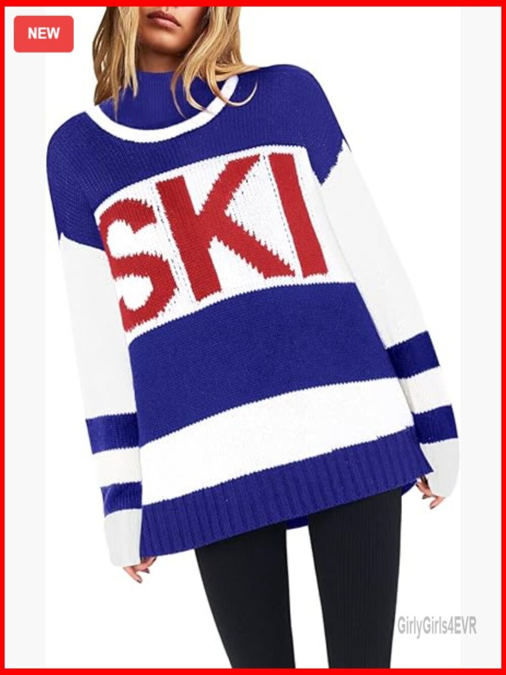 Oversized Color Block Ski Sweater Crewneck Winter Tops